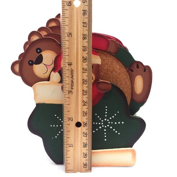 Coaster Set Teddy Bear Wood Christmas VTG Country Bears Cork Large Holder Winter - Picture 5 of 6
